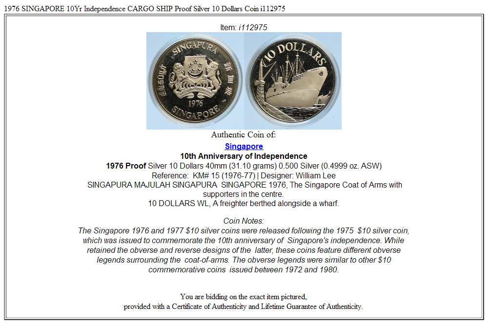 1976 SINGAPORE 10Yr Independence CARGO SHIP Proof Silver 10 Dollars Coin i112975