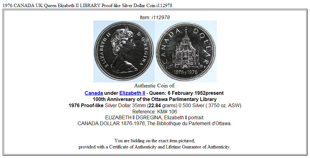 1976 CANADA UK Queen Elizabeth II LIBRARY Proof-like Silver Dollar Coin i112978