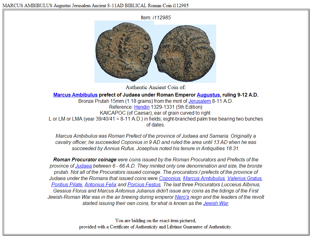MARCUS AMBIBULUS Augustus Jerusalem Ancient 8-11AD BIBLICAL Roman Coin i112985