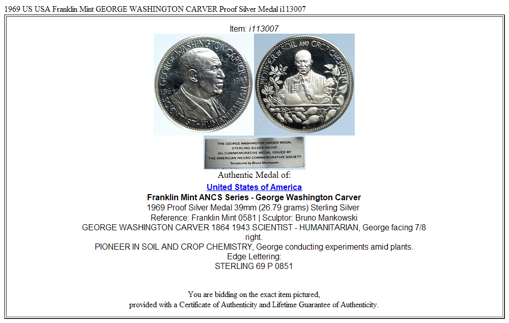 1969 US USA Franklin Mint GEORGE WASHINGTON CARVER Proof Silver Medal i113007