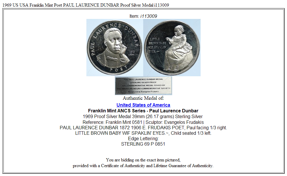 1969 US USA Franklin Mint Poet PAUL LAURENCE DUNBAR Proof Silver Medal i113009