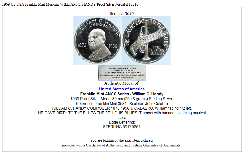 1969 US USA Franklin Mint Musician WILLIAM C. HANDY Proof Silver Medal i113010