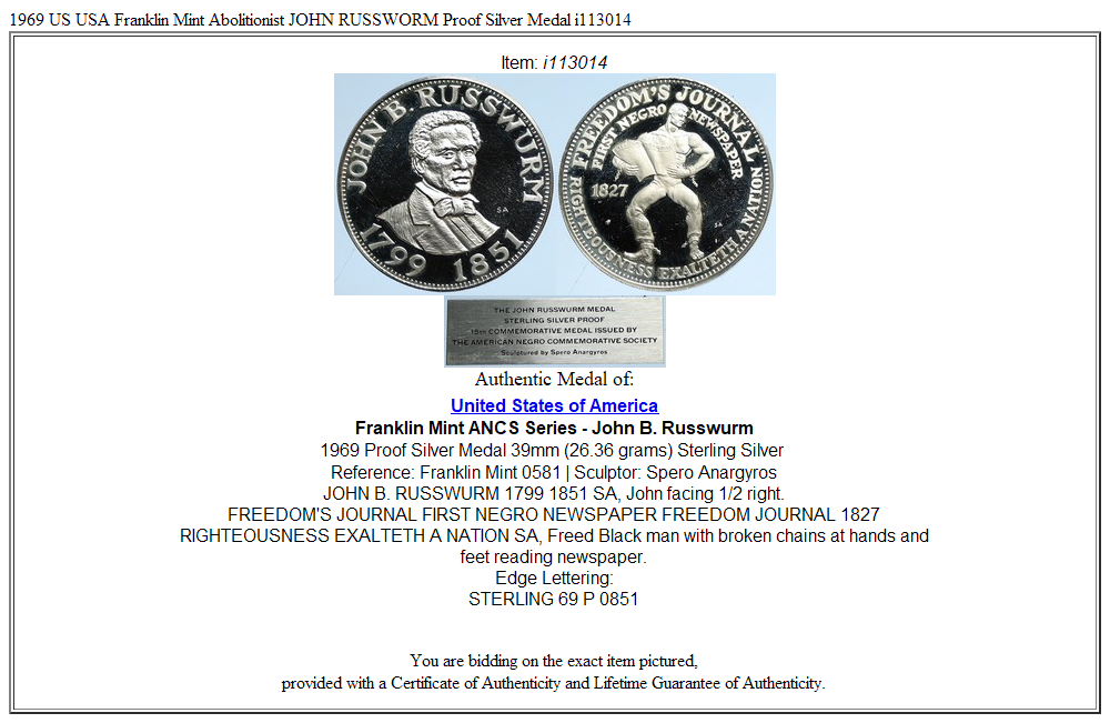 1969 US USA Franklin Mint Abolitionist JOHN RUSSWORM Proof Silver Medal i113014