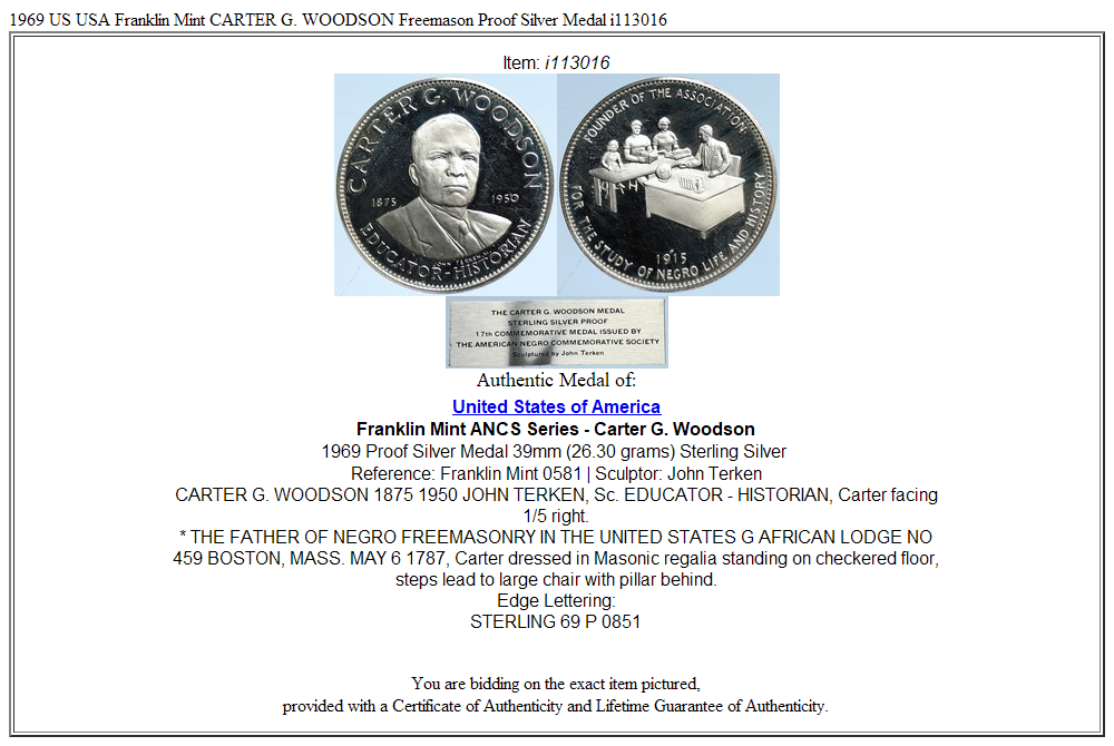 1969 US USA Franklin Mint CARTER G. WOODSON Freemason Proof Silver Medal i113016