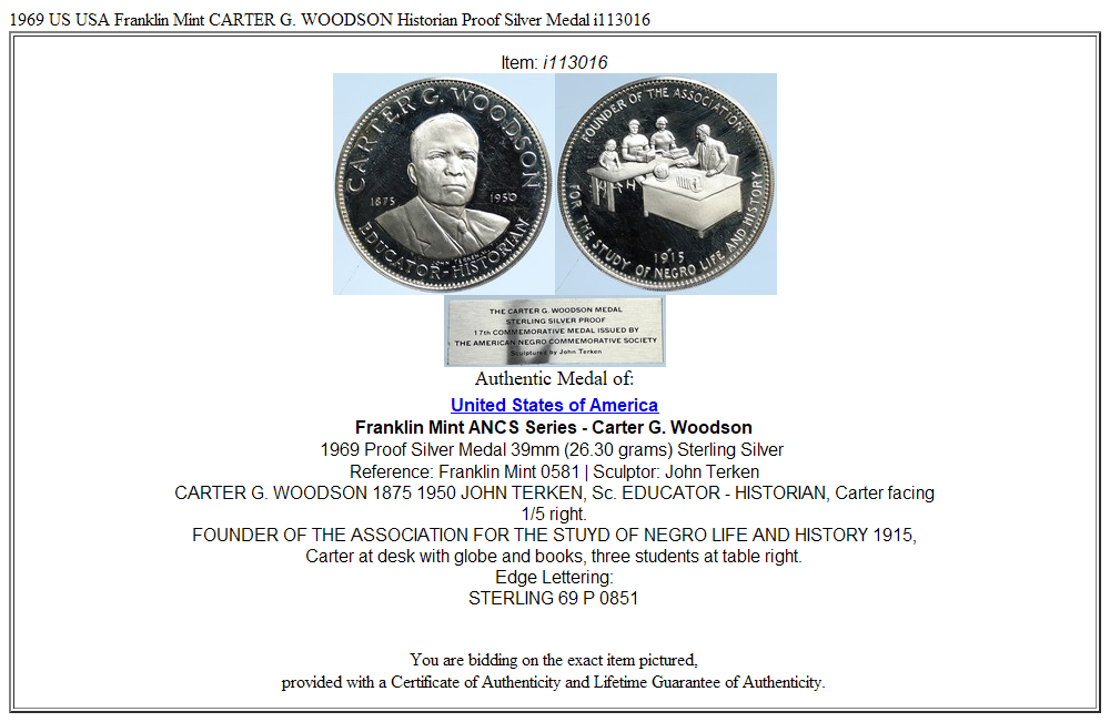 1969 US USA Franklin Mint CARTER G. WOODSON Historian Proof Silver Medal i113016