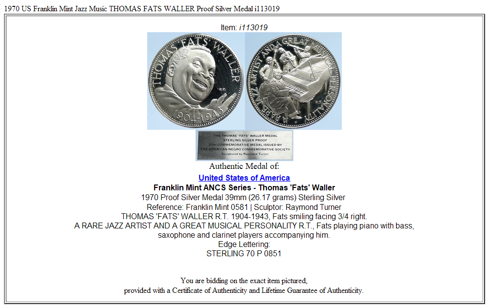 1970 US Franklin Mint Jazz Music THOMAS FATS WALLER Proof Silver Medal i113019