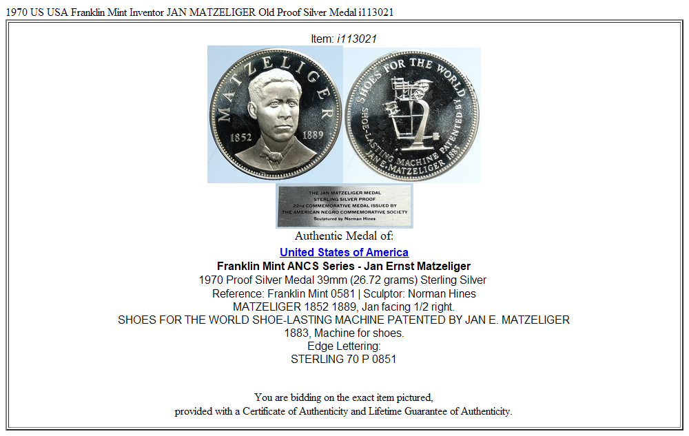 1970 US USA Franklin Mint Inventor JAN MATZELIGER Old Proof Silver Medal i113021