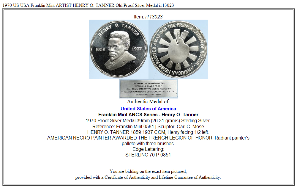 1970 US USA Franklin Mint ARTIST HENRY O. TANNER Old Proof Silver Medal i113023