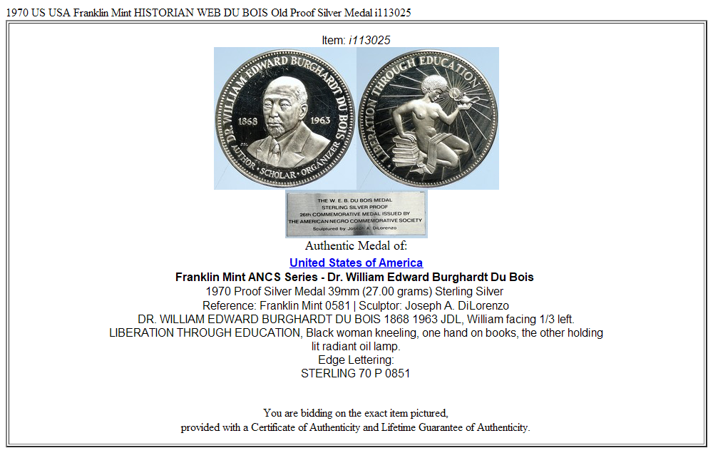 1970 US USA Franklin Mint HISTORIAN WEB DU BOIS Old Proof Silver Medal i113025