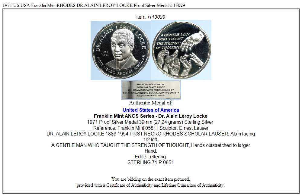 1971 US USA Franklin Mint RHODES DR ALAIN LEROY LOCKE Proof Silver Medal i113029