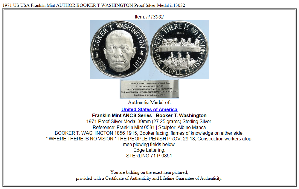 1971 US USA Franklin Mint AUTHOR BOOKER T WASHINGTON Proof Silver Medal i113032