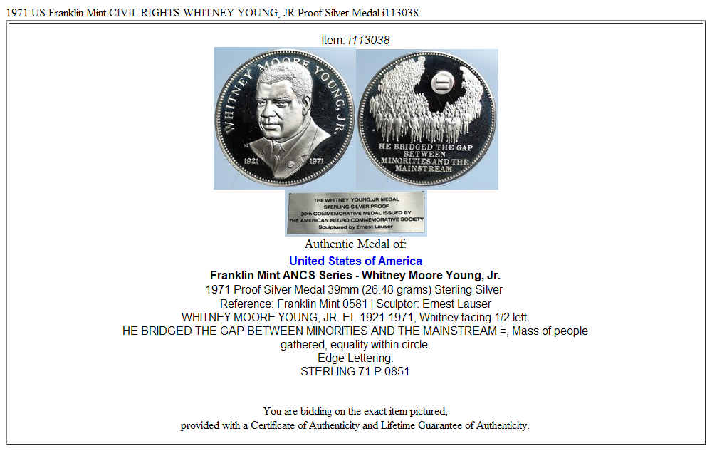 1971 US Franklin Mint CIVIL RIGHTS WHITNEY YOUNG, JR Proof Silver Medal i113038