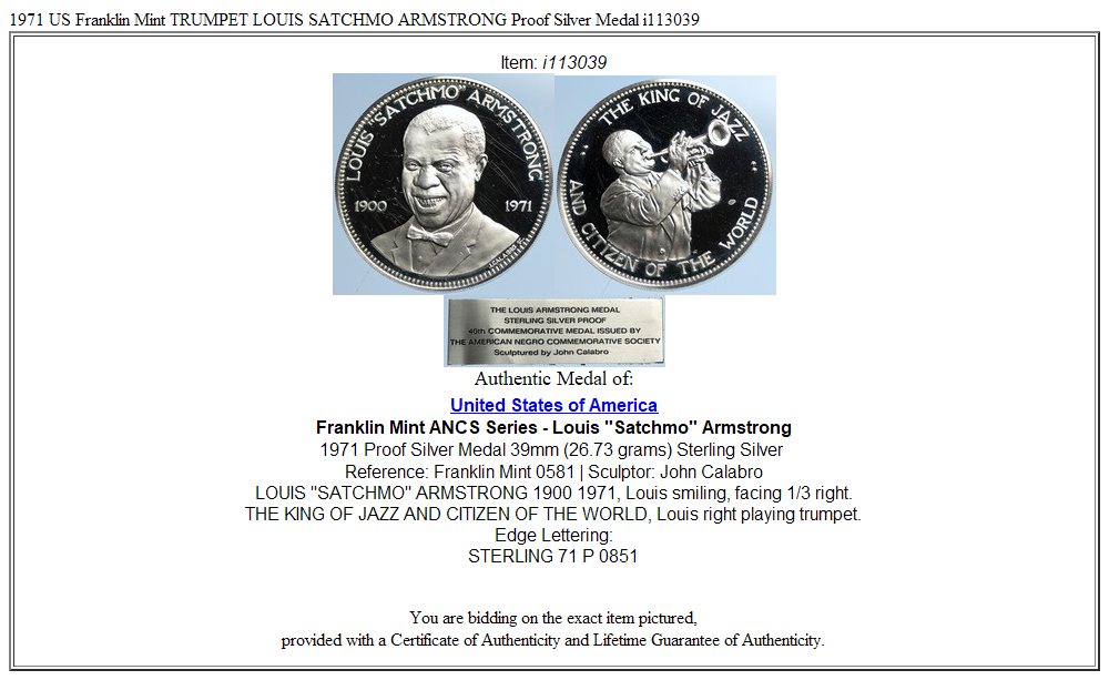 1971 US Franklin Mint TRUMPET LOUIS SATCHMO ARMSTRONG Proof Silver Medal i113039