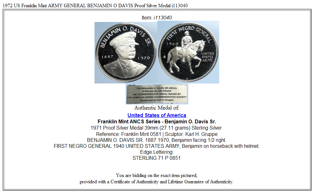 1972 US Franklin Mint ARMY GENERAL BENJAMIN O DAVIS Proof Silver Medal i113040