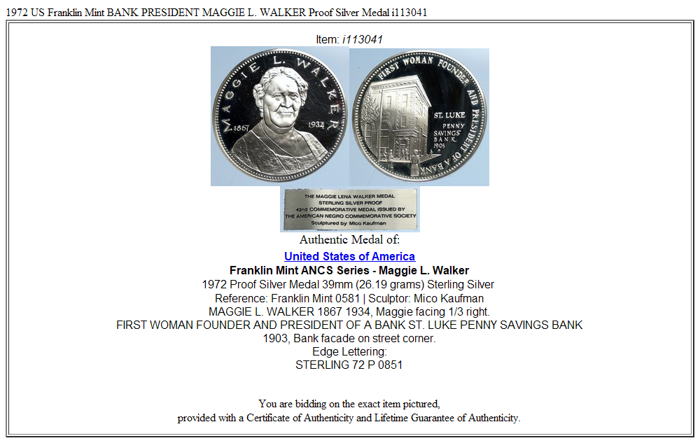 1972 US Franklin Mint BANK PRESIDENT MAGGIE L. WALKER Proof Silver Medal i113041