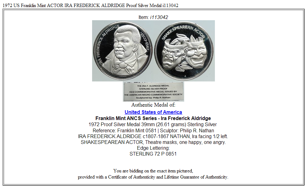 1972 US Franklin Mint ACTOR IRA FREDERICK ALDRIDGE Proof Silver Medal i113042