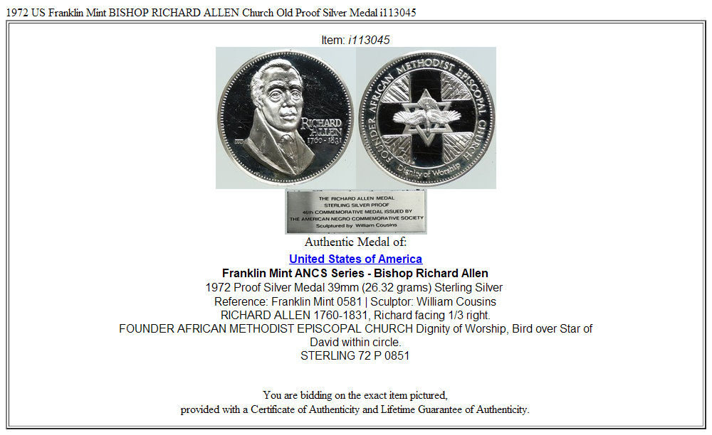 1972 US Franklin Mint BISHOP RICHARD ALLEN Church Old Proof Silver Medal i113045