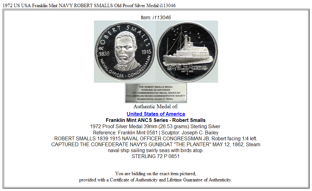 1972 US USA Franklin Mint NAVY ROBERT SMALLS Old Proof Silver Medal i113046