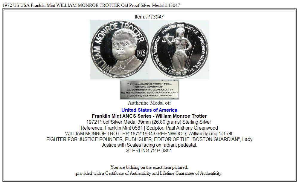 1972 US USA Franklin Mint WILLIAM MONROE TROTTER Old Proof Silver Medal i113047