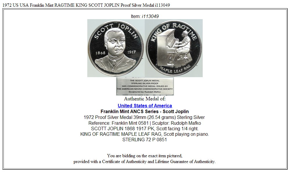 1972 US USA Franklin Mint RAGTIME KING SCOTT JOPLIN Proof Silver Medal i113049