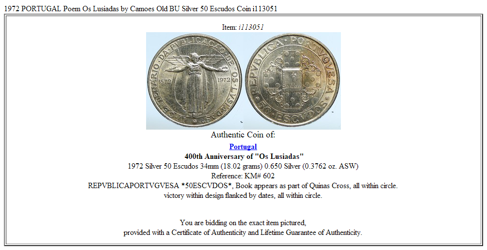 1972 PORTUGAL Poem Os Lusiadas by Camoes Old BU Silver 50 Escudos Coin i113051