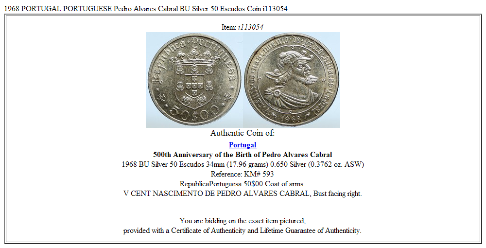 1968 PORTUGAL PORTUGUESE Pedro Alvares Cabral BU Silver 50 Escudos Coin i113054