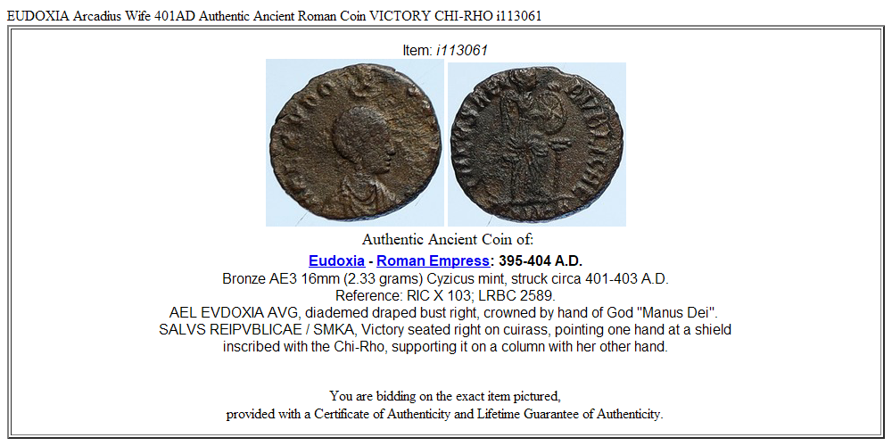 EUDOXIA Arcadius Wife 401AD Authentic Ancient Roman Coin VICTORY CHI-RHO i113061