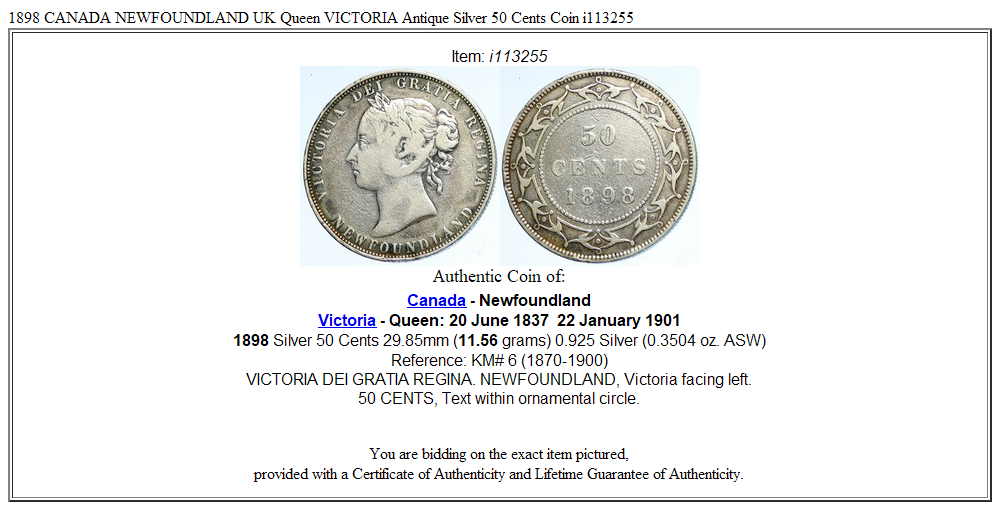 1898 CANADA NEWFOUNDLAND UK Queen VICTORIA Antique Silver 50 Cents Coin i113255