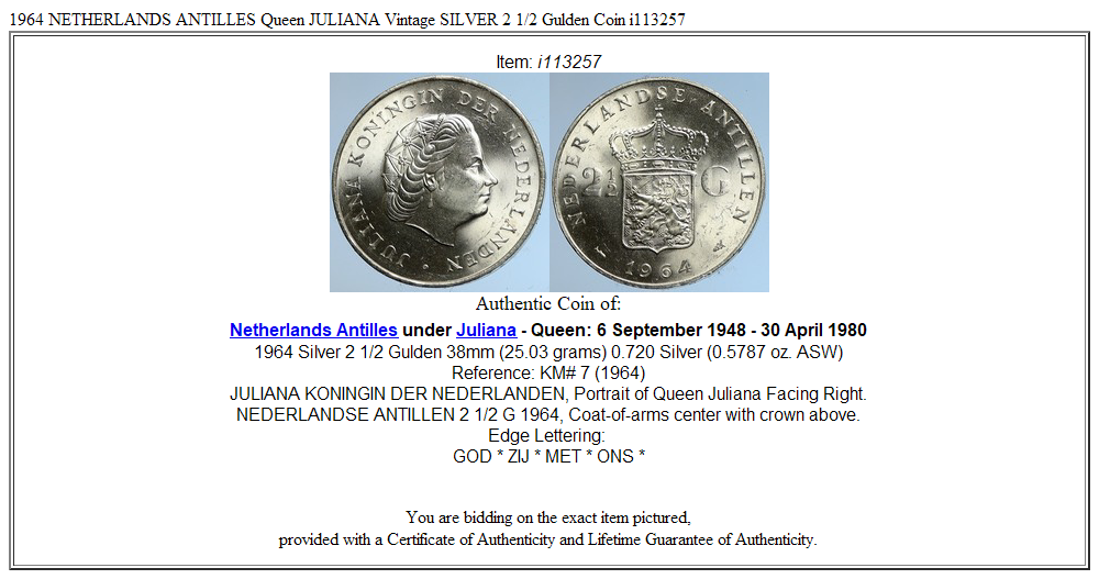 1964 NETHERLANDS ANTILLES Queen JULIANA Vintage SILVER 2 1/2 Gulden Coin i113257