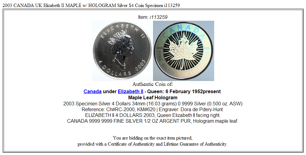 2003 CANADA UK Elizabeth II MAPLE w/ HOLOGRAM Silver $4 Coin Specimen i113259