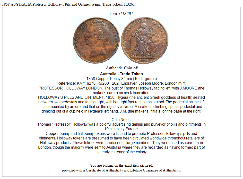 1858 AUSTRALIA Professor Holloway's Pills and Ointment Penny Trade Token i113261