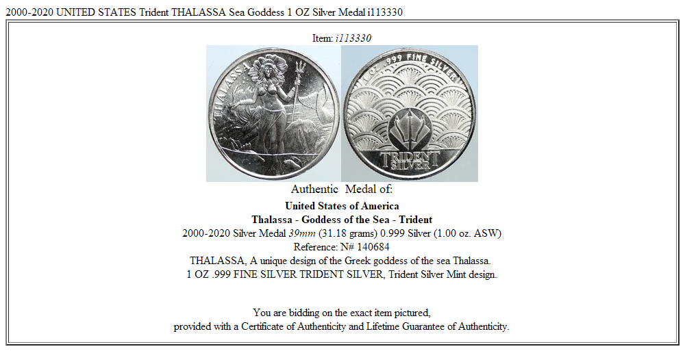 2000-2020 UNITED STATES Trident THALASSA Sea Goddess 1 OZ Silver Medal i113330