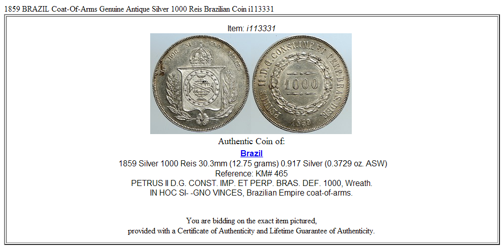 1859 BRAZIL Coat-Of-Arms Genuine Antique Silver 1000 Reis Brazilian Coin i113331