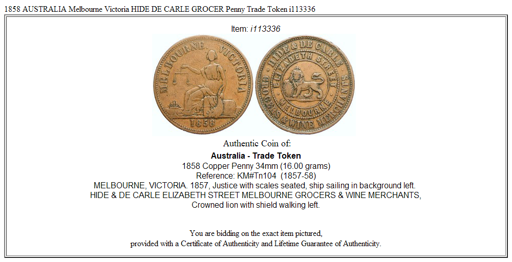 1858 AUSTRALIA Melbourne Victoria HIDE DE CARLE GROCER Penny Trade Token i113336