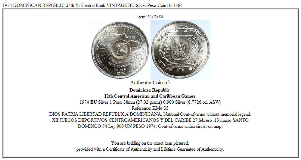 1974 DOMINICAN REPUBLIC 25th Yr Central Bank VINTAGE BU Silver Peso Coin i113384