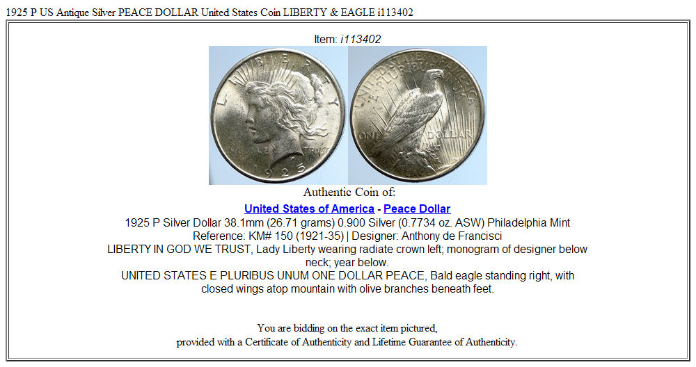 1925 P US Antique Silver PEACE DOLLAR United States Coin LIBERTY & EAGLE i113402