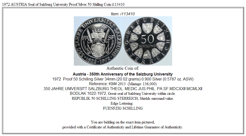 1972 AUSTRIA Seal of Salzburg University Proof Silver 50 Shilling Coin i113410