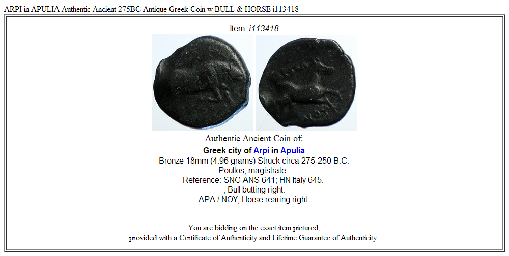 ARPI in APULIA Authentic Ancient 275BC Antique Greek Coin w BULL & HORSE i113418