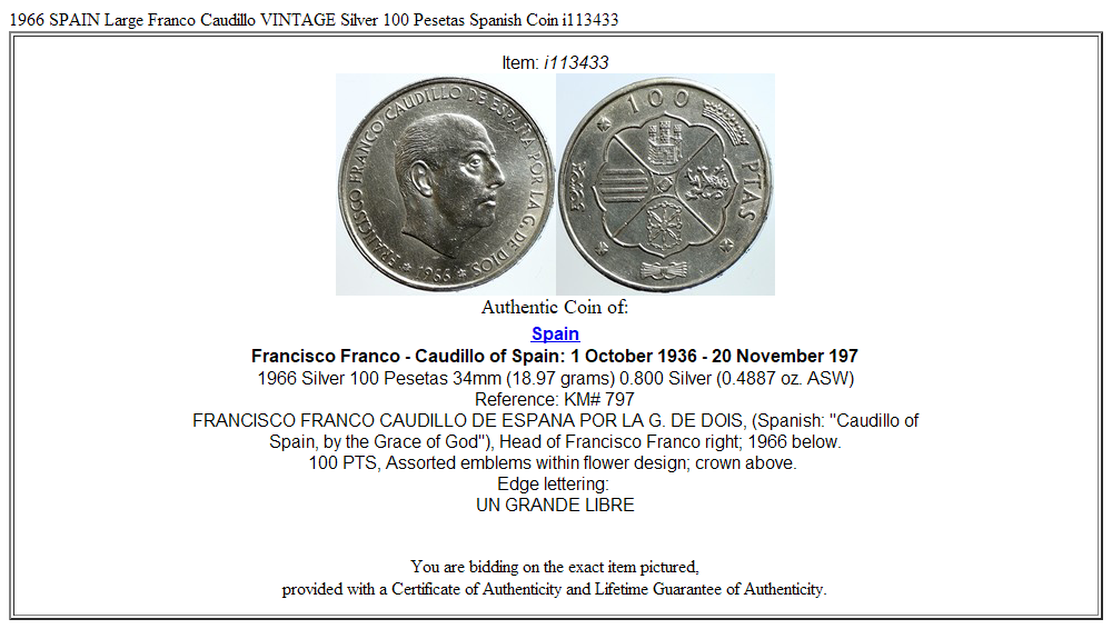 1966 SPAIN Large Franco Caudillo VINTAGE Silver 100 Pesetas Spanish Coin i113433