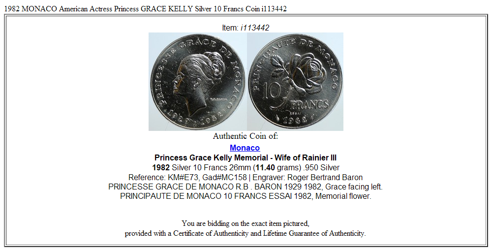 1982 MONACO American Actress Princess GRACE KELLY Silver 10 Francs Coin i113442