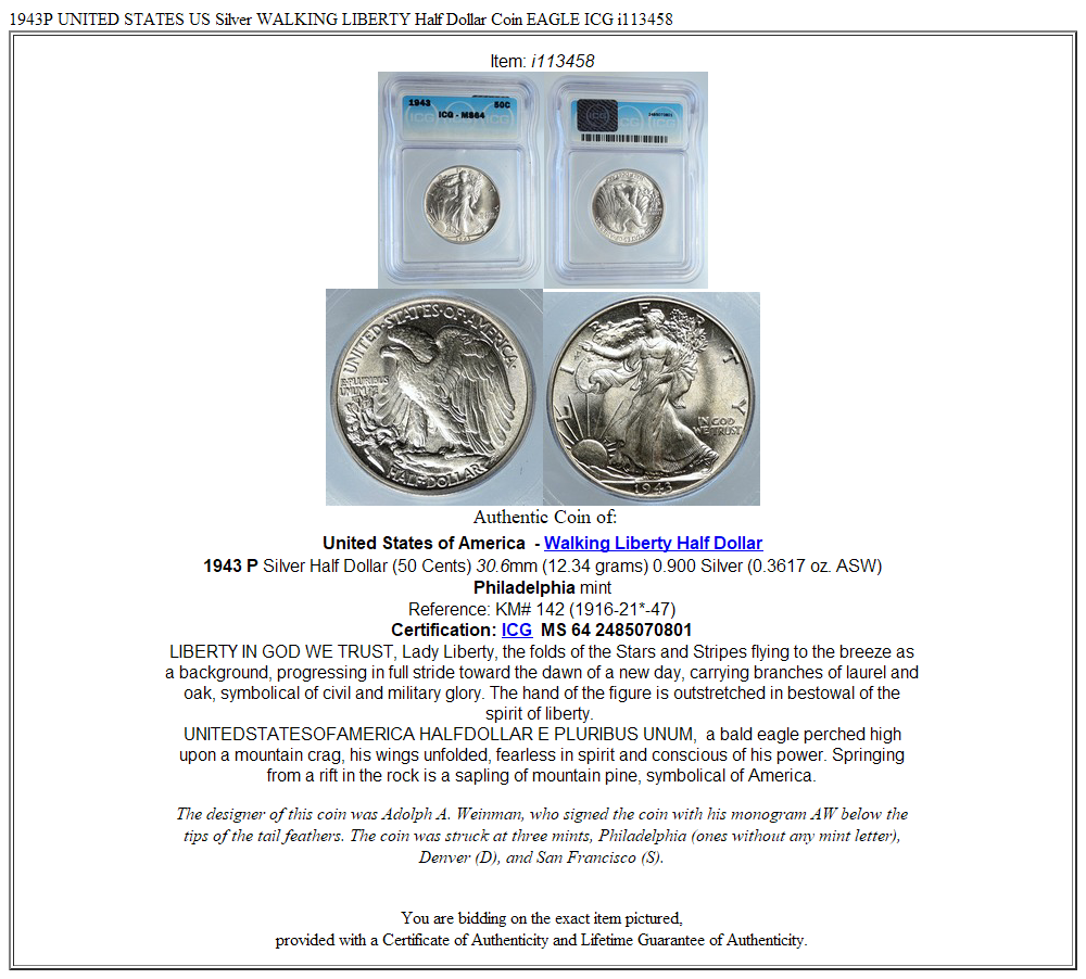 1943P UNITED STATES US Silver WALKING LIBERTY Half Dollar Coin EAGLE ICG i113458