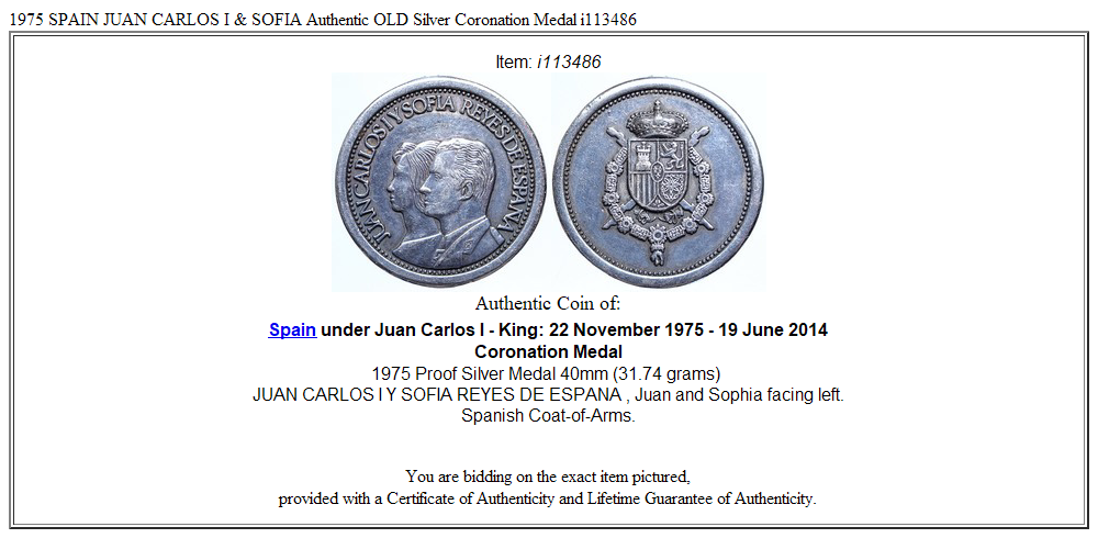 1975 SPAIN JUAN CARLOS I & SOFIA Authentic OLD Silver Coronation Medal i113486