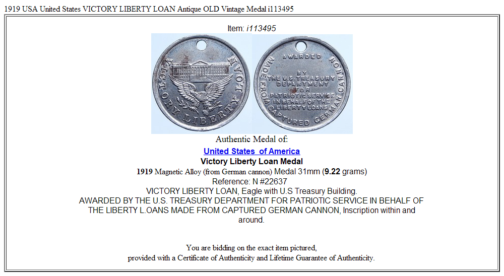 1919 USA United States VICTORY LIBERTY LOAN Antique OLD Vintage Medal i113495