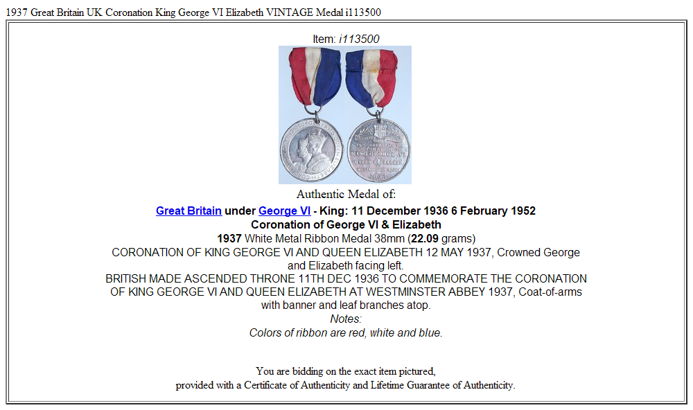 1937 Great Britain UK Coronation King George VI Elizabeth VINTAGE Medal i113500