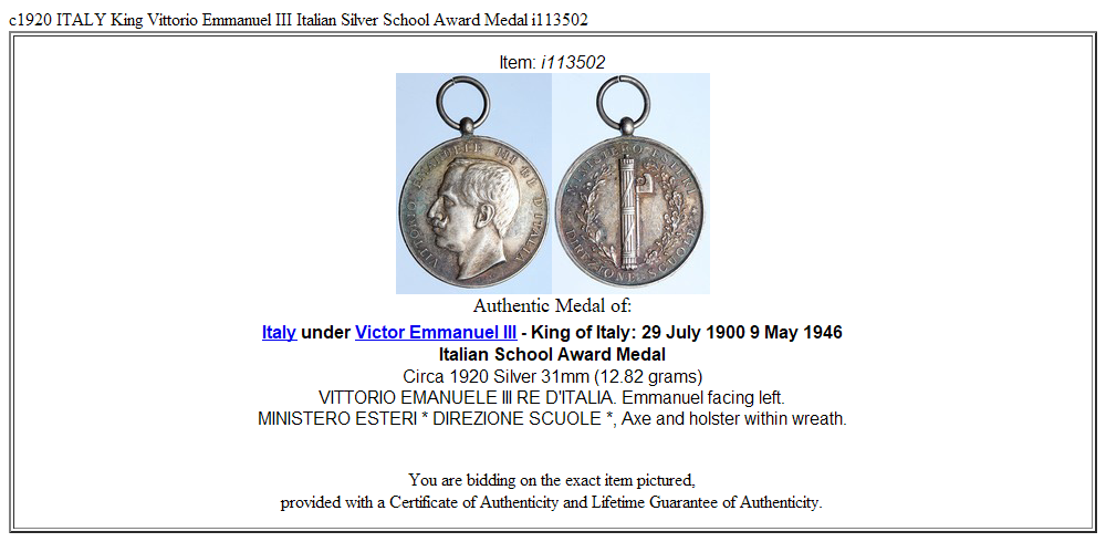 c1920 ITALY King Vittorio Emmanuel III Italian Silver School Award Medal i113502