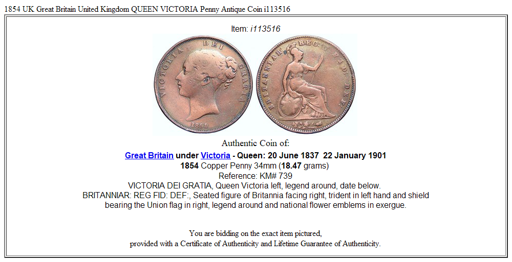 1854 UK Great Britain United Kingdom QUEEN VICTORIA Penny Antique Coin i113516