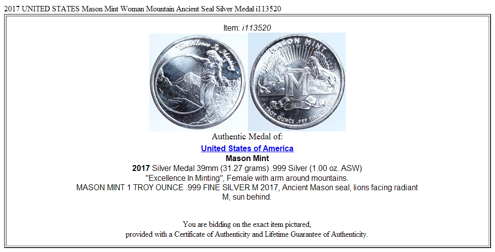 2017 UNITED STATES Mason Mint Woman Mountain Ancient Seal Silver Medal i113520