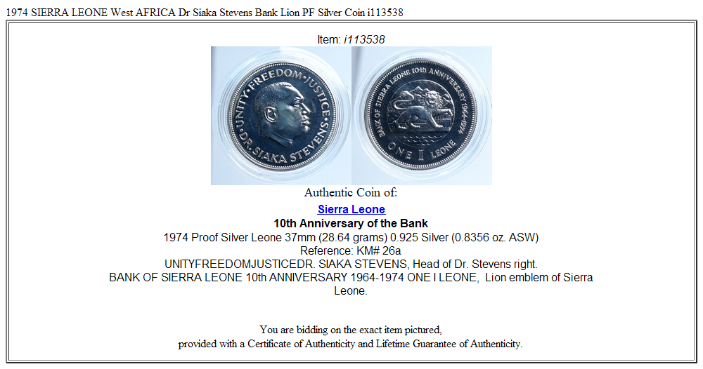 1974 SIERRA LEONE West AFRICA Dr Siaka Stevens Bank Lion PF Silver Coin i113538