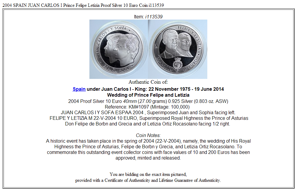 2004 SPAIN JUAN CARLOS I Prince Felipe Letizia Proof Silver 10 Euro Coin i113539