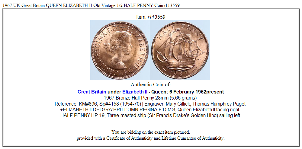 1967 UK Great Britain QUEEN ELIZABETH II Old Vintage 1/2 HALF PENNY Coin i113559